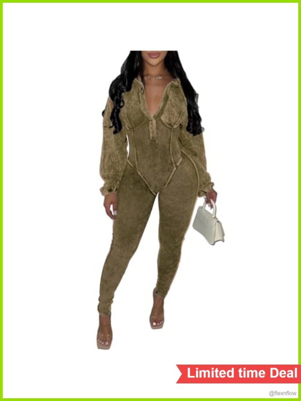 V-Neck Lantern Sleeve Bodycon Jumpsuit One Piece Long Pant Romper